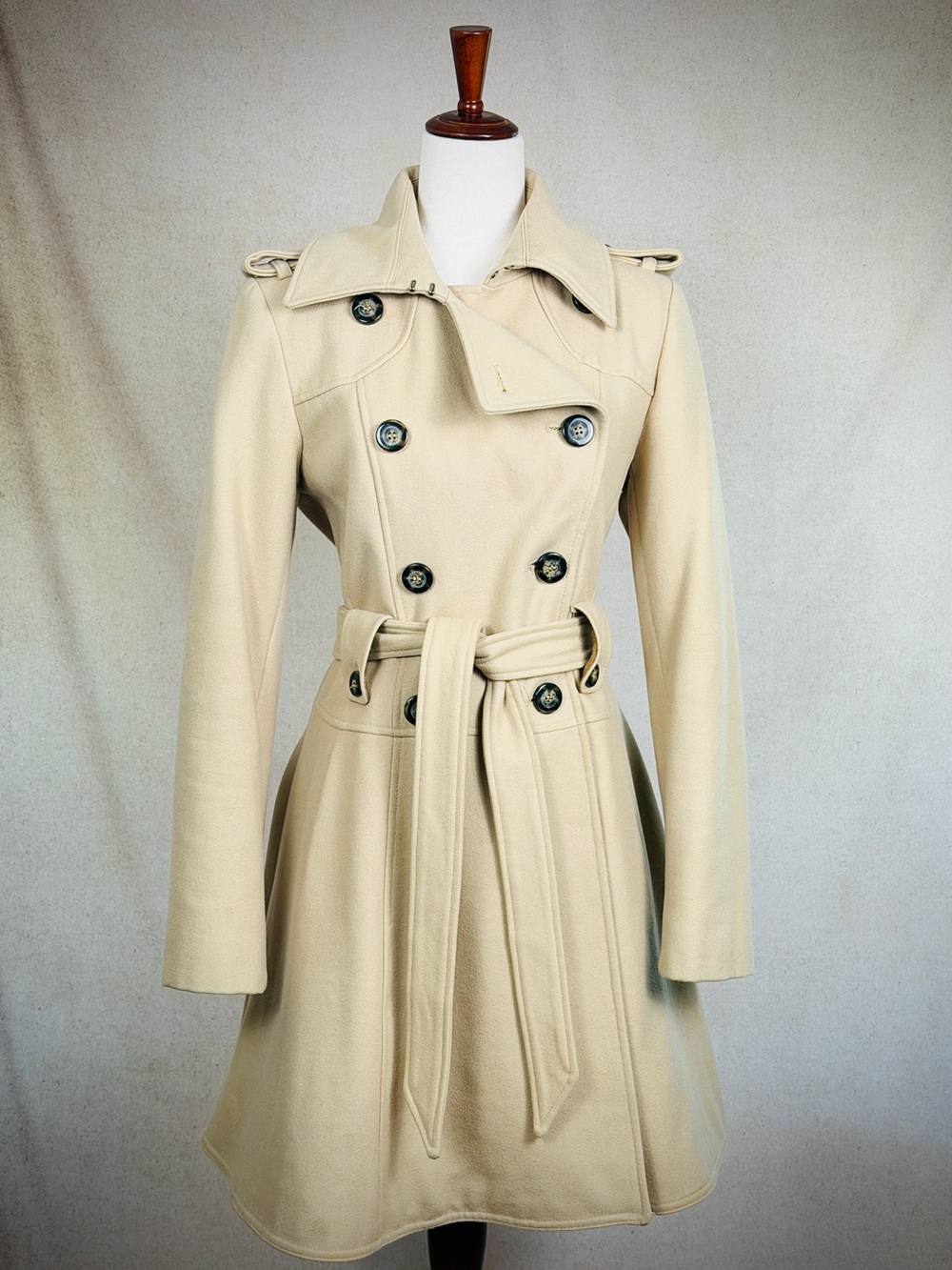 Classic Camel Wool Belted Trench Coat, 3/4 length